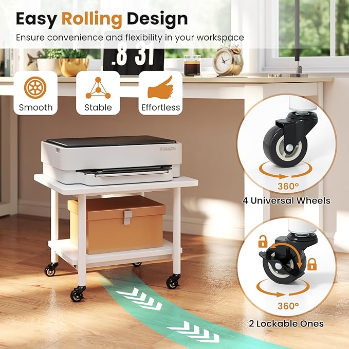 Giantex Under Desk Printer Stand, 2-Tier Mobile Printer Table with Storage Shelf, Lockable Wheels & Metal Frame, Rolling Printer Cart Holder, Storage Rack for Home Office Scanner Fax Machine (White)