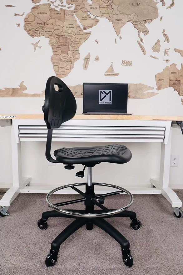 Chair Master Drafting Stool - Easy to Clean! Ergonomic Polyurethane Chair. Seat Height Adjustable w/Heavy Duty Footring for Home, Automotive, Lab, Cleanroom (Soft Roller Blade Casters, Medium Stool)