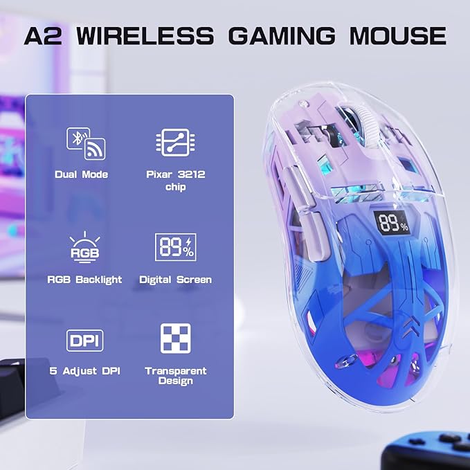 FREEWOLF A2 Transparent Wireless Gaming Mouse,Dual Mode BT 5.0/2.4G PC Gaming Mice,PixArt 3212 5 Adjustable DPI,Rechargeable Silent Mouse with Digital Screen,RGB Backlight Mouse for Win/Mac(Purple)