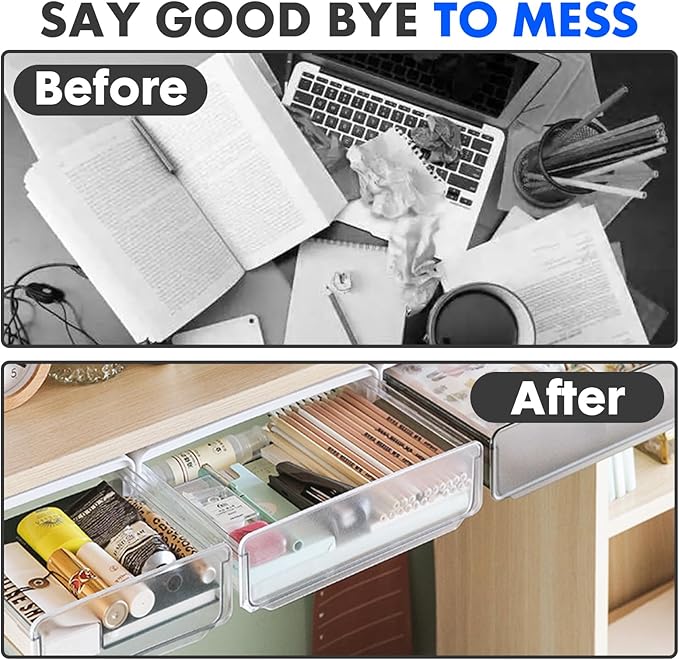 Self-adhesive Under Desk Drawer, 2 Packs Table Hidden Organizer Slide Out Large Storage Desktop Pencil Tray for Office Home School Kitchen (Large, White)