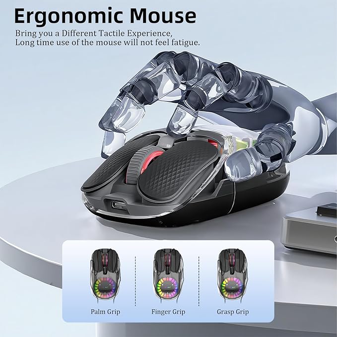 Wireless Bluetooth Mouse, Transparent BT+2.4G Dual-Mode Gaming Mouse with Magnetic Top Cover, Rechargeable RGB Backlit Computer Mouse for Laptop, PC, MacBook, iPad (Black)