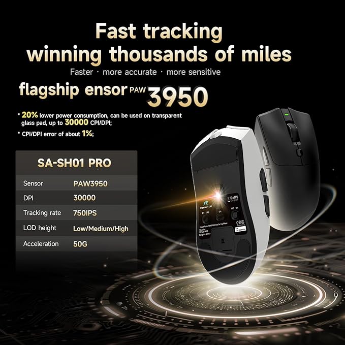 RAWM SH01PRO 8K Wireless Gaming Mouse, 55g Lightweight, PAW3950 30K DPI Optical Sensor, 8000 Polling Rate, Esports & FPS Gaming mice, Dual Receiver (1k USB Receiver and 8k dongle)