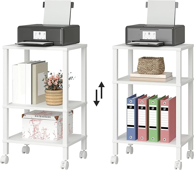 3-Tier Printer Stand with Storage, Mobile Printer Cart with Rolling Casters and Adjustable Feet, Under Desk Storage Shelf for Home Office, White, 15.7" x 11.8" x 25.9"