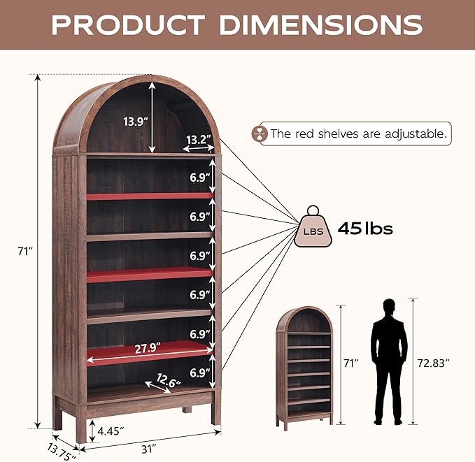 IFGET 71" Tall Arched Bookshelf, 7 Tiers Arch Bookcase with Storage, Modern Farmhouse Book Shelf with Adjustable Shelves, Wood Bookshelf w/Open Display Shelves for Living Room, Office (Brown)