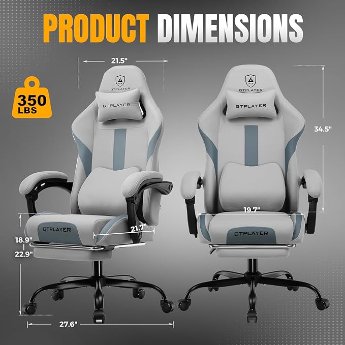 GTPLAYER Gaming Chair with Foot Rest & Pocket Spring Cushion, Breathable Fabric for Home Office Desk, Ergonomic High Back Computer Chair with Headrest & Lumbar Support, Blue/Gray