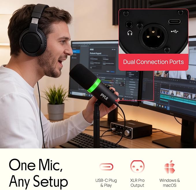 Pyle Dynamic Microphone, Dual Input USB/XLR Podcast Recording, PC Streaming Studio Mic with RGB Light, Mute Button, Desktop Stand, Headphone Jack, & Volume Control - Gaming & Voice-Over (PDMIC7B)