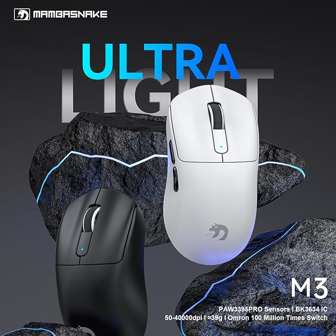 MAMBASNAKE M3 Wireless Gaming Mouse with Lightweight 39g,PixArt PAW3395 PRO Sensor 40K DPI,Tri Mode-2.4G/Bluetooth/Wired,100M Clicks Micro Switch,Coiled Cable,Programmable for Win PC Mac(Black Tape)