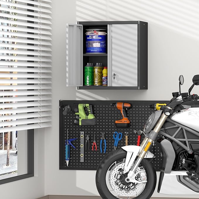 Metal Garage Storage Cabinet, Metal Wall Cabinets with Doors and Shelves, Steel Locking Cabinets, Floating Tool Cabinet for Garage, Basement, Warehouse