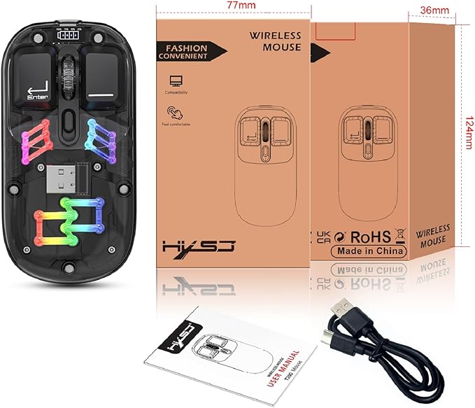 Wireless Bluetooth Mouse, Transparent BT + 2.4G Dual-Mode Mechanical Mouse with Magnetic Top Cover, Rechargeable RGB Backlit Gaming Mouse for Gaming/Esports/Desktop/Laptops/Tablets (Black)