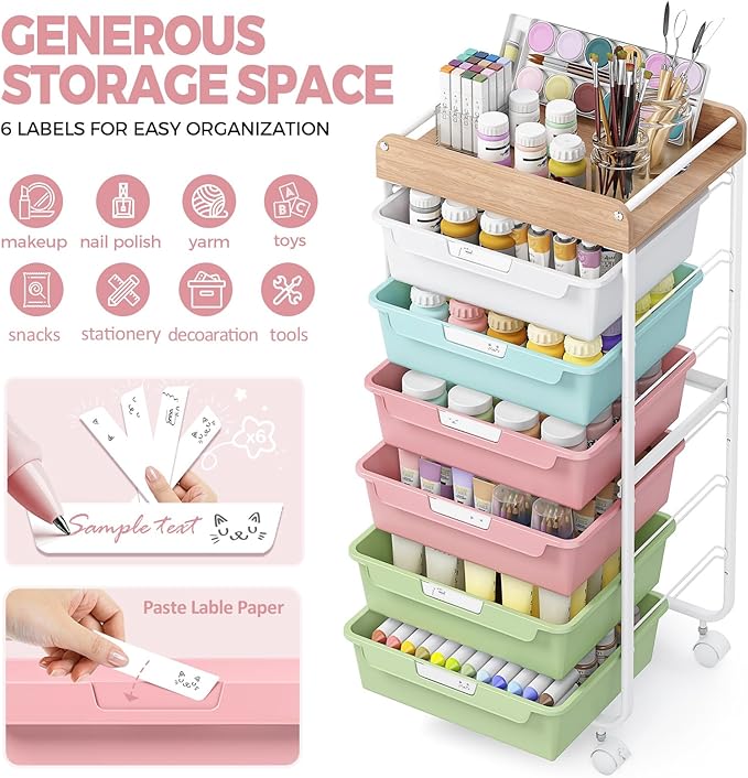 SYKIARIOL Rolling Storage Utility Cart with 6 Drawers,Art Supply Craft Organizer,Sewing Makeup Organizer and Storage,Office Organization Wooden Tabletop,Dark Pink Blue