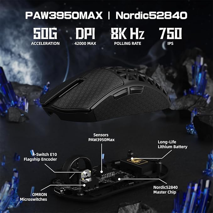 MAMBASNAKE M5 Ultra Carbon Fiber 8000Hz Wireless Gaming Mouse, 39g Superlight, 42000DPI, PAW3950MAX Sensor, Nordic 52840 Chip, Bluetooth/2.4G/USB-C Wired Mice with Coiled Cable for PC/Mac (Black)