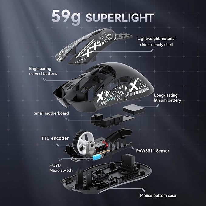 MAMBASNAKE Attack Shark R1 Wireless Gaming Mouse,PAW3311 Optical Sensor 18K DPI,59g Ultralight 2.4Ghz/BT/Wired Computer Mice for Win/Mac-Black&Tape