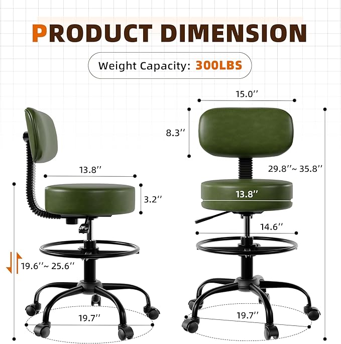 Drafting Chair with Back, Adjustable Foot Rest Rolling Stool (2, Green)