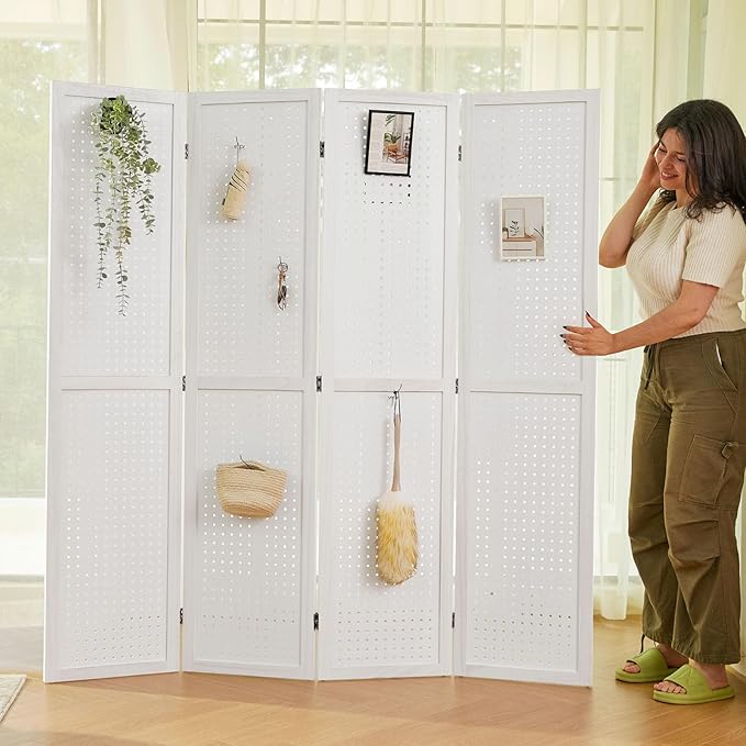 Pegboard Display, 5.6Ft Wooden Room Divider Folding Privacy Screens Portable Freestanding Wall Organizer for Retail Craft Art Display Board (4panels, White)