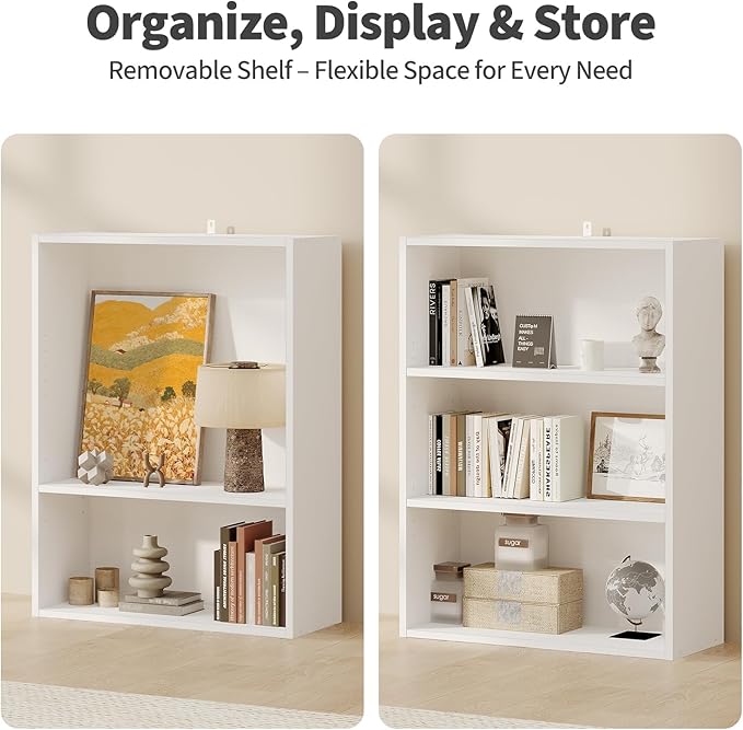 Sweetcrispy Industrial 3 Shelf Bookcase - Large 31.5 Inch Tall Floor Standing Open Bookshelf for Home Office, Living Room, and Bedroom Storage, White