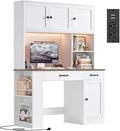 Keyluv 71" Tall Computer Desk with Hutch Cabinet, Home Office Desk with Storage Drawers Shelves and Side Rack, Wood Executive Desk with Doors, Outlet Station and Smart LED Lights, White