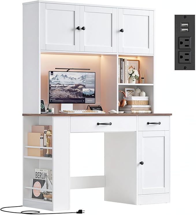 Keyluv 71" Tall Computer Desk with Hutch Cabinet, Home Office Desk with Storage Drawers Shelves and Side Rack, Wood Executive Desk with Doors, Outlet Station and Smart LED Lights, White