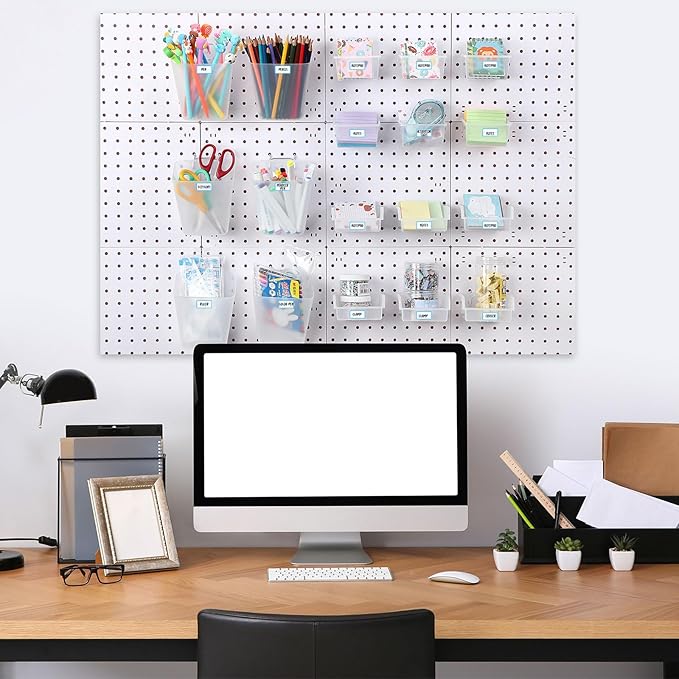 Uiifan 18 Set Pegboard Bins Kit Plastic Pegboard Cups with Metal Hooks Wall Containers Organizer Accessories with Label Stickers for DIY Tools Craft Office Workshop Garage Storage(Clear)