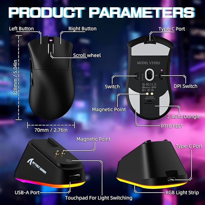 ATTACK SHARK V3 PRO Wireless Esports Gaming Mouse with Magnetic Charging Dock:62g Lightweight-1K Polling-25K DPI-PAW3311 Sensor,Wired/BT/2.4Ghz Programmable,BK52820 IC for PC Mac Laptop Gamer(Black)