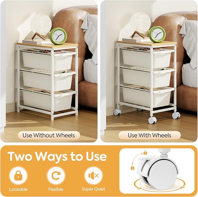 Rolling Storage Cart with 3 Drawers, Craft Organizer, Wooden Tabletop Utility Cart for Bedroom, Children's Room and Office Organization, Under Desk Trolley with Lockable Wheels,White