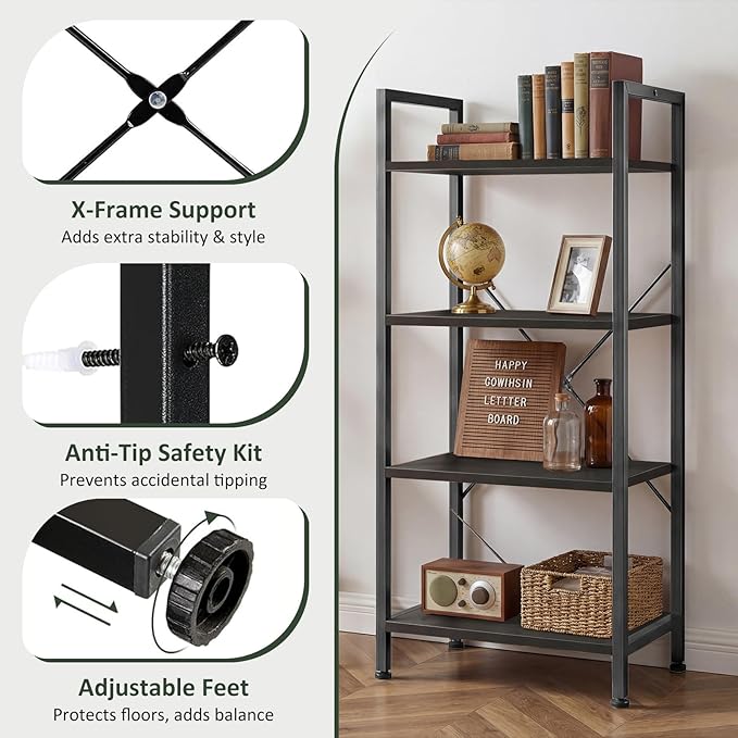 4 Tier Bookshelf, Free Standing Wooden Bookcase with Open Storage Shelves with Metal Frame, Sturdy Shelf Organization Display Rack for Living Room, Bedroom, Home Office, 39.4" Tall, Black