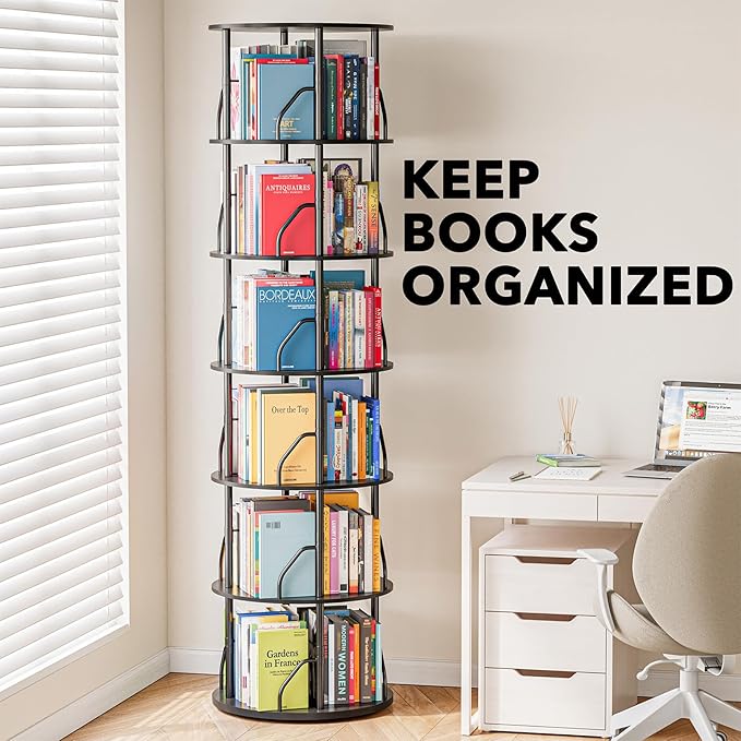 SpaceAid 6 Tier Rotating Bookshelf Tower, 360 Display Stackable Spinning Bookcase, Space Saving Revolving Round Book Shelf, Floor Standing Swivel Corner Organizer, Black