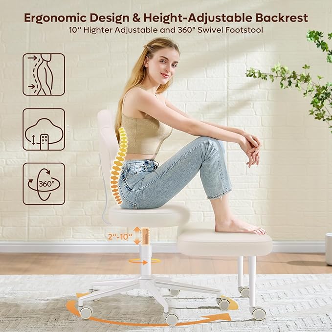 Pinmoco Cross Legged Office Chair with Wheels, Meditation Chair, ADHD Chair for Adults, Wider Height Adjustable Backrest and Seat, Yoga Office Chair, PU Leather, Beige