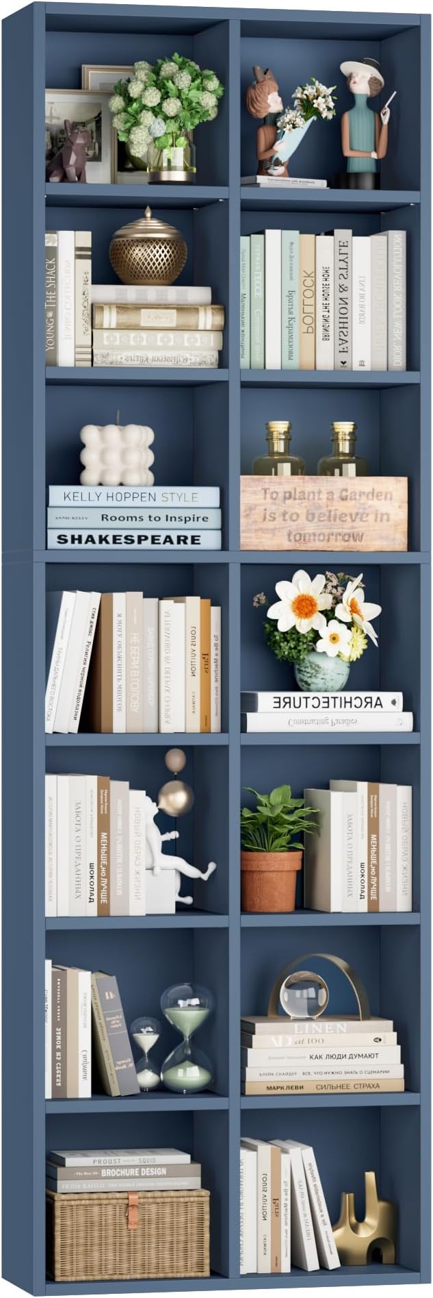 FOTOSOK 71'' Tall Bookshelf with 14 Cubes, 7 Tier Double Wide Bookshelf with 6 Adjustable Shelves, 19.6" Narrow Bookcase DVD/CD Media Storage Shelf, Space Saving Display Shelf Cabinet, Blue