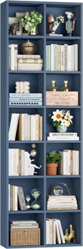 FOTOSOK 71'' Tall Bookshelf with 14 Cubes, 7 Tier Double Wide Bookshelf with 6 Adjustable Shelves, 19.6" Narrow Bookcase DVD/CD Media Storage Shelf, Space Saving Display Shelf Cabinet, Blue