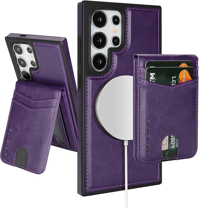 SkyEagle Compatible with Magsafe 2 in 1 Detachable Samsung Galaxy S25 Ultra Wallet Case with Card Holder,Women Men Magnetic PU Leather RFID Blocking Flip Kickstand Credit Slots,Purple