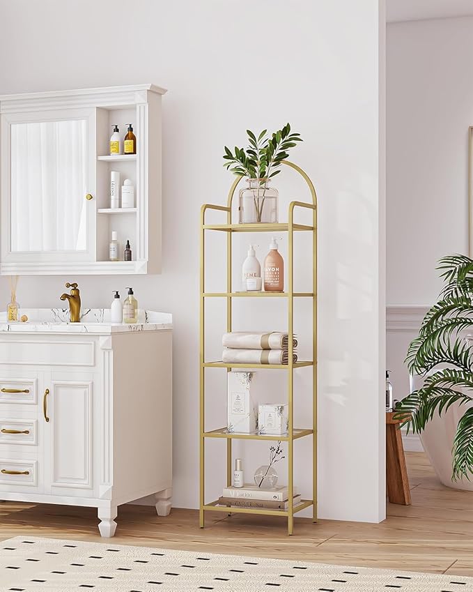 Hzuaneri Bookcase Bookshelf, Tempered Glass Bookshelves, Slim Shelving Unit for Bedroom, Bathroom, Home Office, Steel Frame, 5 Tier Gold BC05001G