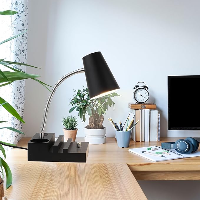 LALISU Study Desk Lamp with USB Charging and Type-C Night Light, Gooseneck LED Table Lamp Stepless Dimming Study Table Lamp with Pen Holder for College Dorm Bedroom and Office (Black)