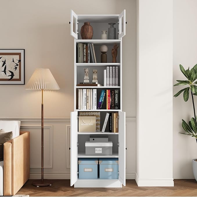 TUSY 85.5 Inch Tall Bookshelf with Doors - 7 Tier Bookcase with Glass Doors and Drawer, 23.6" Wide Storage Cabinet with Open Shelves for Living Room, White Book Shelf for Home Office, Study (A)
