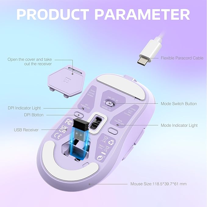 ATTACK SHARK X3 Lightweight Wireless Gaming Mouse with Tri-Mode 2.4G/USB-C Wired/Bluetooth,Up to 26K DPI, PAW3395 Optical Sensor,Kailh GM8.0 Switch,5 programmable Buttons for PC/Win/Mac(Purple)