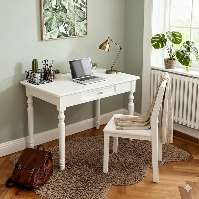 31.5in Country Desk and Chair Set, Home Office Computer Desk with Ergonomic Office Chair, Wooden White Writing Desk Study Table, for Bedroom, Office or Student Workstation(31.5'' x 23.6'' x 29.5'')