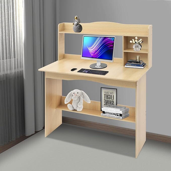 Desk for Small Spaces, Computer Desk Study Writing Desk, 40 X 19 X 47in Home Office Workstation PC Laptop Table Computer Desk with Hutch for Bedrooms Living Room (Wood Color)