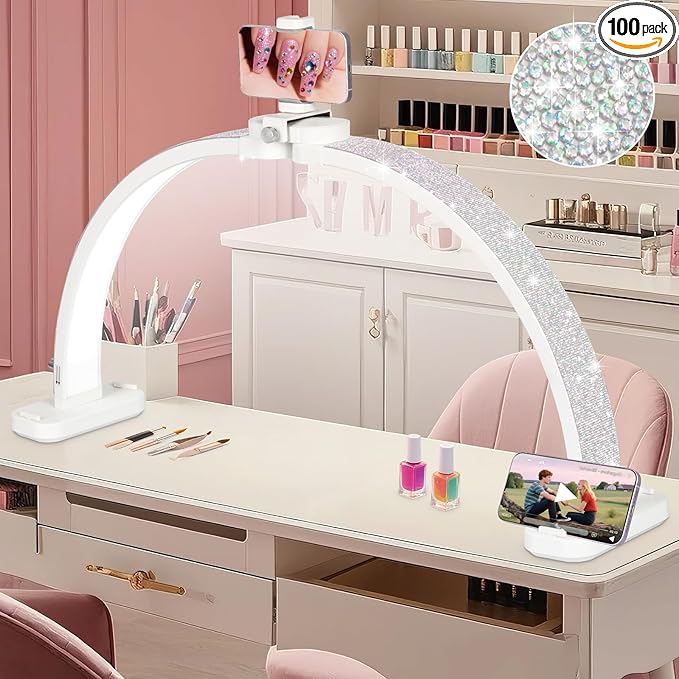 HITTI 31in Half Moon Light for Nail Desk, Foldable, Phone Stand, LED Adjustable Brightness and Color, 48W, Arch Nail Tech Table Lamp for Manicure, Craft, Art, Eyelash Extension (Crystal Diamond)