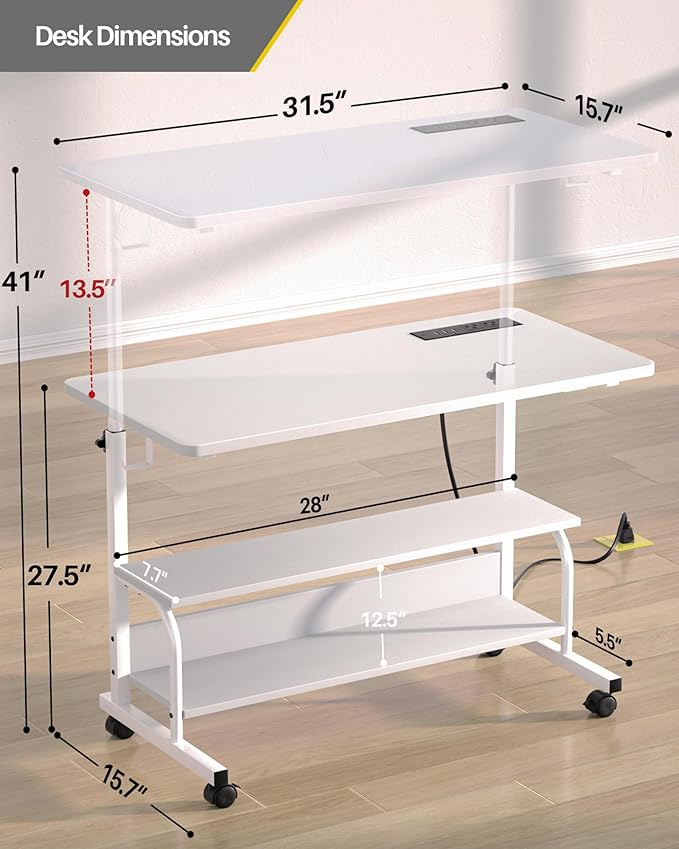 Armocity Rolling Standing Desk with Power Outlets, 32" Manual Height Adjustable Mobile Computer Desk with Wheels, Small Portable Sit Stand Laptop Couch Table for Bed & Sofa Home Office, Whtie