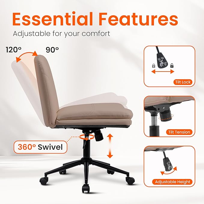 Orange Factory Criss Cross Chair with Wheels Comfy Wide Vanity Desk Chair Dual Base Leather Armless Adjustable Swivel for Home Computer Task (Brown Pu, Faux Leather)