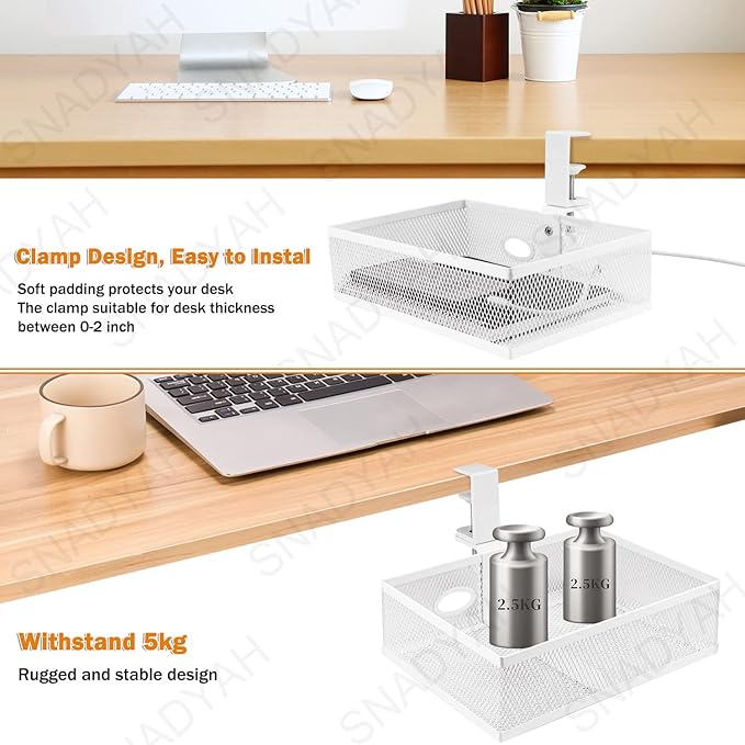 SNADYAH 【360 degree rotation under desk drawer Clamp-on Swivel Alloy Steel Drawer Hidden Desktop Organizer Pen Holder Easy to Instal/High capacity/desk drawer desk accessories (white)