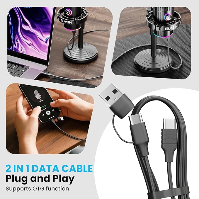 BASN USB/XLR Dynamic Microphone, Live Streaming, Gaming Recording with Three-in-One Mute Button,RGB Lighting and MIC Stand for PC (Black) SL2000