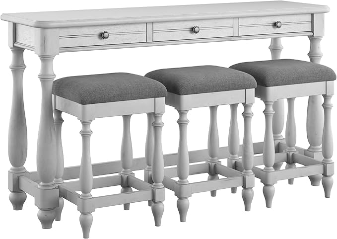 Coastal Desk Table Set with 3 Stools: White Wooden Table & Gray Upholstered Stools - 3 Drawer Workstation for Small Apartments & Home Office Use