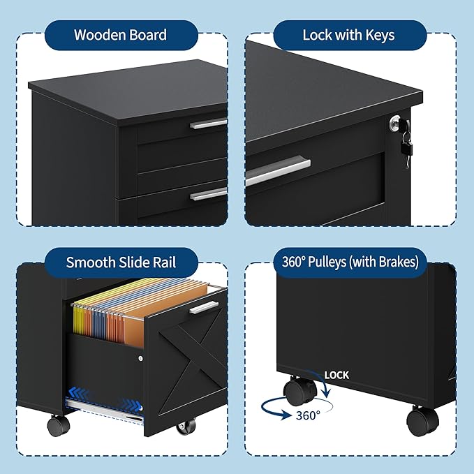 3-Drawer Rolling File Cabinet with Lock - Wooden Mobile Filing Cabinet for Home Office, Under Desk Storage Organizer fits Letter/A4/Legal Size, Sturdy Printer Stand with Locking Casters, Black