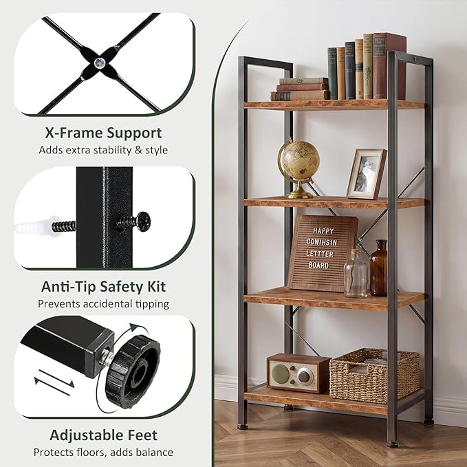 4 Tier Bookshelf, Free Standing Wooden Bookcase with Open Storage Shelves with Metal Frame, Sturdy Shelf Organization Display Rack for Living Room, Bedroom, Home Office, 39.4" Tall, Brown