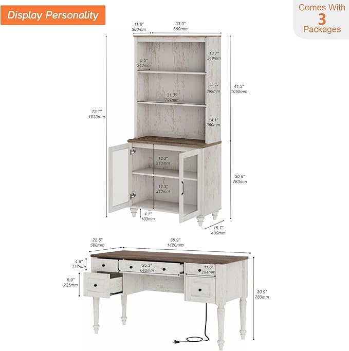 WAMPAT Home Office Furniture Set, 56" Executive Desk with Charging Station, 72" Tall Bookcase with 2 Glass Doors, Wood Computer Desk with File Cabinet Storage, Open Shelf, Rustic White