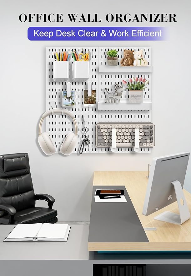 Pegboard Wall Organizer Set – 4 Peg Boards with Hooks & Shelves – Office, Kitchen, Gaming Room Desk Pegboard Storage – Peg Board Wall Display Rack (Black)