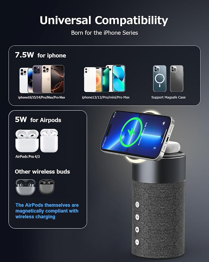 COLSUR Bluetooth Speaker, Magnetic Wireless Charger, Bluetooth Speakers with Night Light, 2 in 1 Wireless Charging Station for iPhone 17/16/15/14/13/12 Series, AirPods Pro 2/4/3/2（Gift Ideal）(Black)