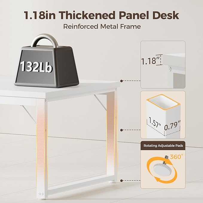 Mericonia 54 Inch Computer Desk with Power Outlets, 1.2" Thick Heavy Duty Industrial Office Desk, Modern Simple Study Writing Table for Home Office Bedroom Workstation, White