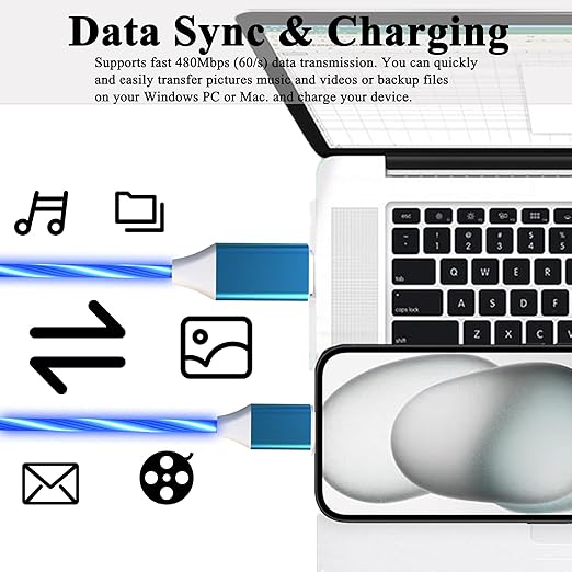 USB C to USB C Cable 3A Light Up C to C Cable LED Type C to Type C Fast Charging Cord for Samsung Galaxy S23 S22 S21 S20 Ultra, i-Phone 15 Pro Max Plus, iPad mini Pro Air(6.6FT,Blue)