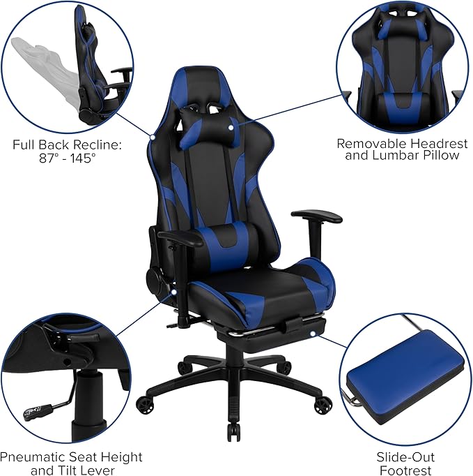 Flash Furniture Optis Gaming Desk and Blue Footrest Reclining Gaming Chair Set - Cup Holder/Headphone Hook/Removable Mouse Pad Top/Wire Management